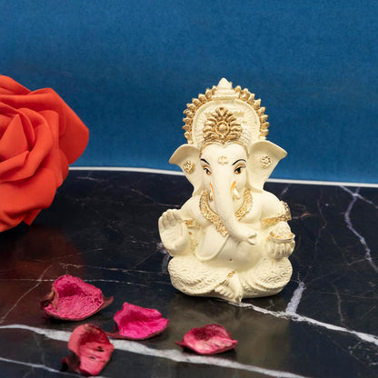 Lord Ganesha Idol for Car Dashboard, Home Decor & Pooja | Resin Gold Plated Ganpati Murti | 3.5 Inch Ganesh Statue for Gift, Diwali, Housewarming, Baby Shower, Mandir Decor, Off White, P -1