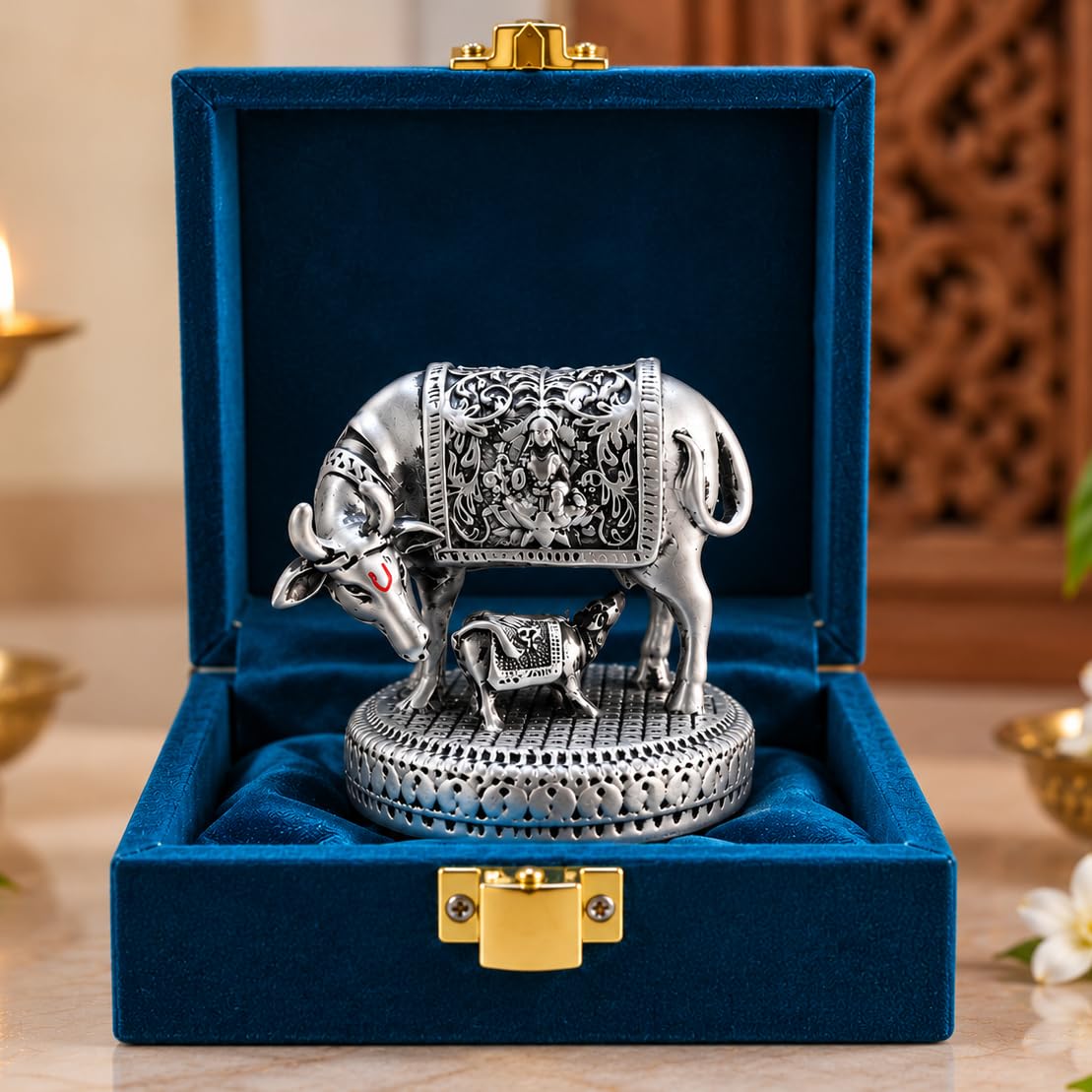 Gold Art India Kamdhenu Cow with Calf Idol | 999 Silver Plated | Antique Matte Finish | Premium Peacock Green Velvet Gift Box | Sacred Gau MATA Vastu Idol for Home Temple, Office & Spiritual Gifting