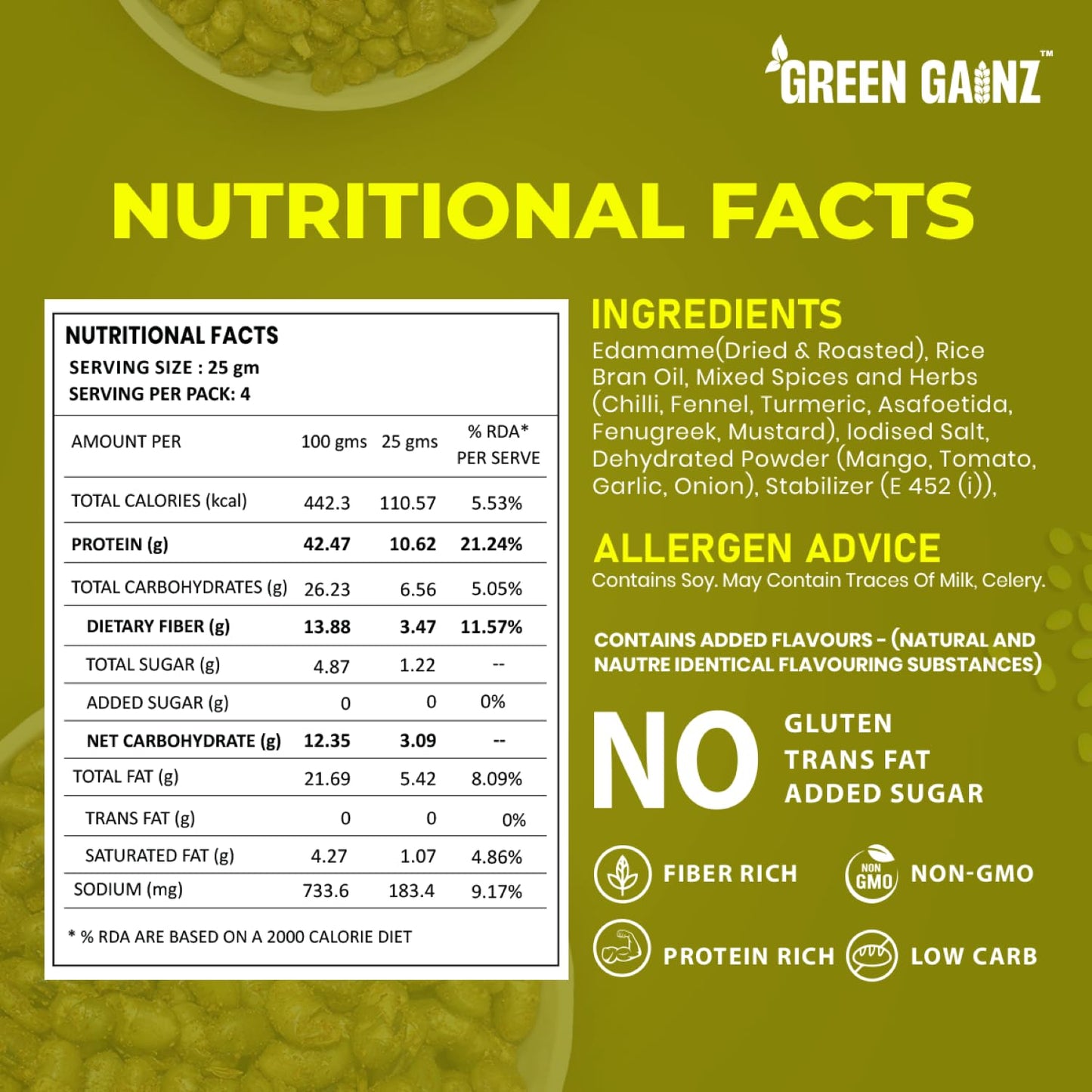Green Gainz Roasted Edamame Achaari Flavour 100gm | Healthy Namkeen Snacks | 100% Veg Protein Rich Snack | Fiber Rich | No Palm Oil | Roasted, Not Fried