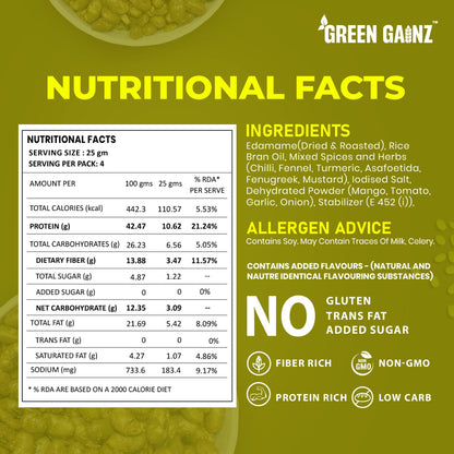 Green Gainz Roasted Edamame Achaari Flavour 100gm | Healthy Namkeen Snacks | 100% Veg Protein Rich Snack | Fiber Rich | No Palm Oil | Roasted, Not Fried