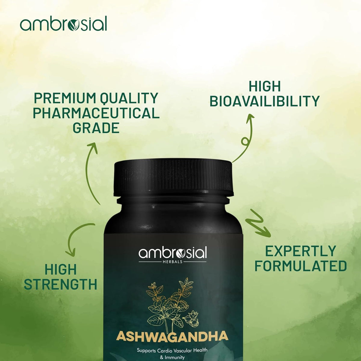 Ambrosial Ashwagandha supplement bottle with green background and text highlighting product features.
