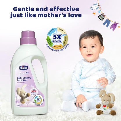 Chicco Baby Liquid Laundry Detergent, 5X Stain & Germ Fighter, Kills 99% Of Germs, Dermatologically Tested For Effective & Gentle Cleaning, Delicate Flowers (1 L)