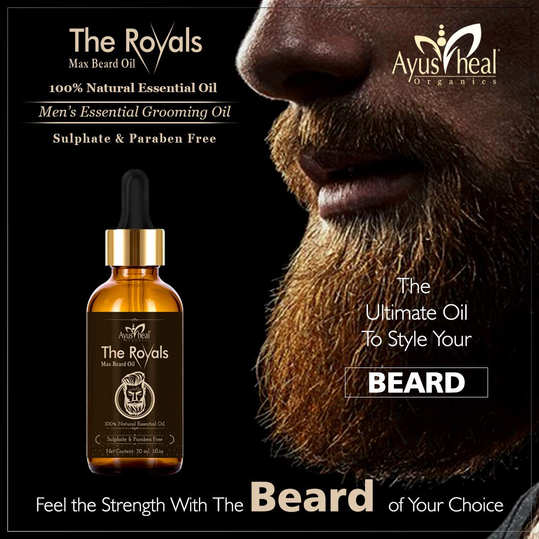 Advertisement for Ayushayn Organics The Royals Max Beard Oil with a close-up of a beard and product packaging.