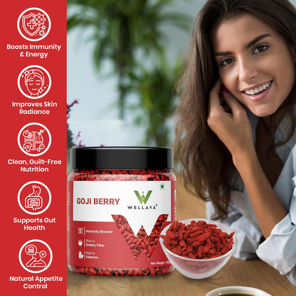 WELLAYA Premium Dried GojiBerry | Whole Chewy GojiBerry Dry Fruit | High in Vitamins, Fiber & Rich in Antioxidants | Immunity Booster Goji Berry Toppings for Fruit & Salads