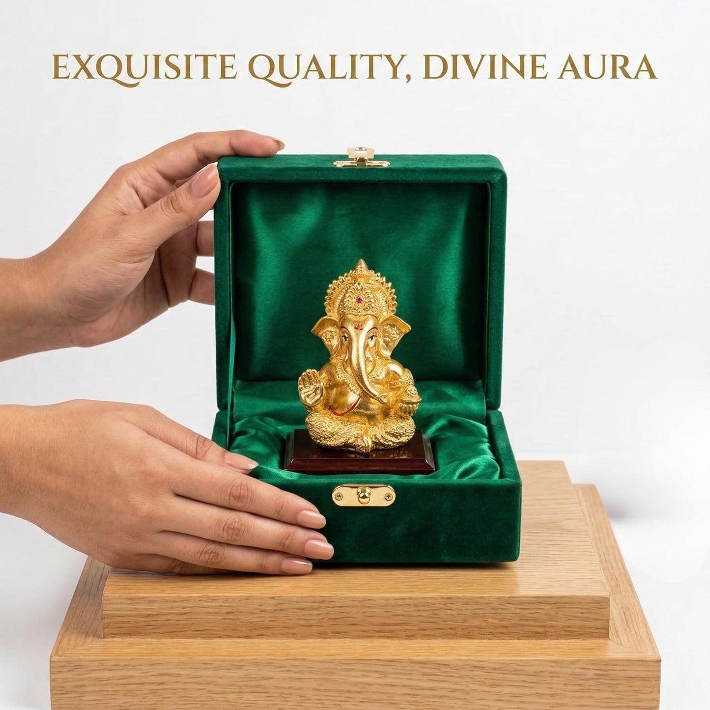 Dev Aastha 24K Gold Plated Ganesha Idol - 4 Inch Divine Seated Ganpati Statue on Premium Wooden Base - Auspicious Vastu Home Decor and Spiritual Gift with Anti-Tarnish Finish