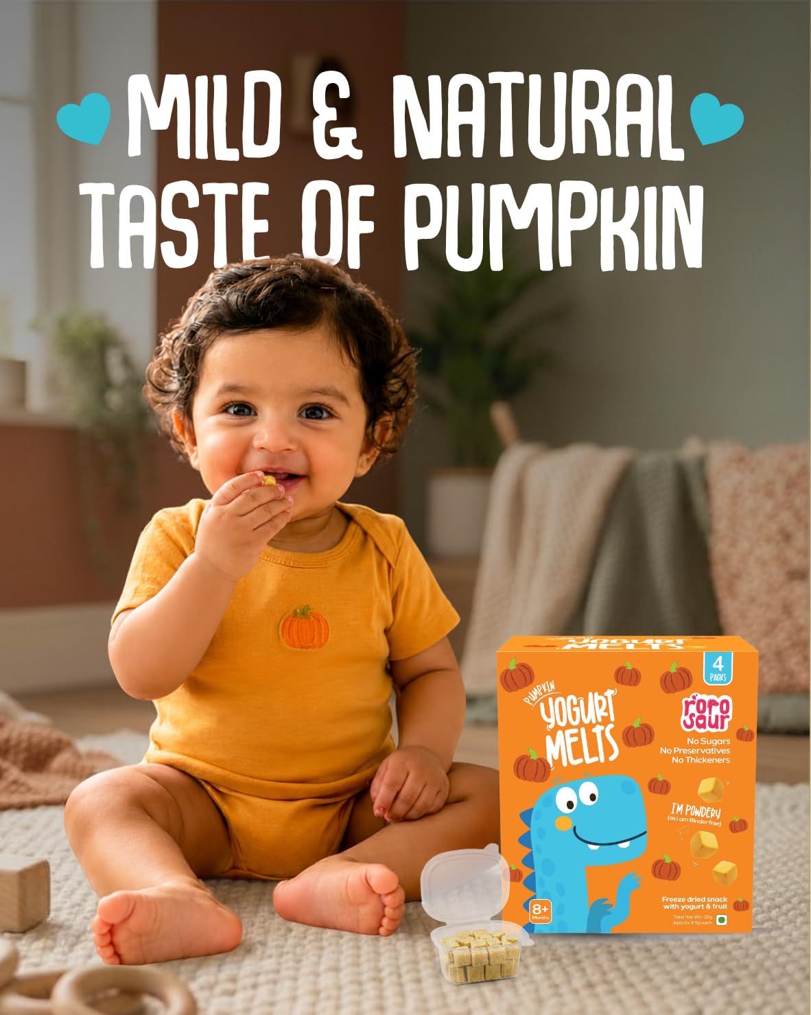 Rorosaur Baby Snacks - Melts with Yogurt and Fruit & Veggie for 8+ Months | 4 Packs of Pumpkin Melts | Finger Food for Toddlers | No Sugars, No Preservatives, No Binders | 4 Variants 5g each
