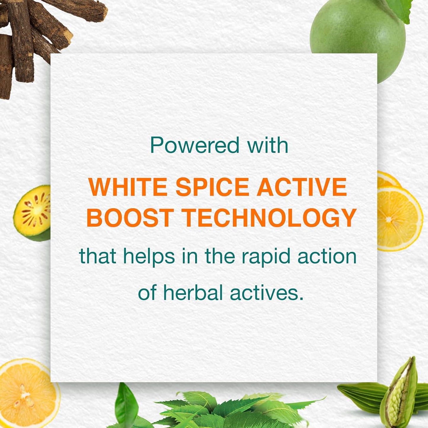 Promotional graphic with text about white spice active boost technology and herbs on a white background.