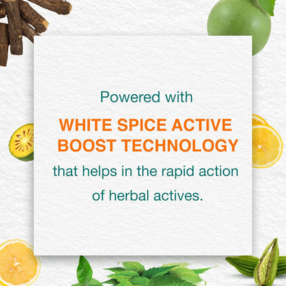 Promotional graphic with text about white spice active boost technology and herbs on a white background.