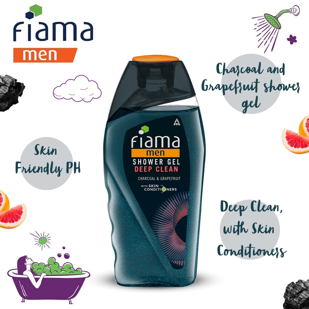 Fiama Men Body Wash Shower Gel Deep Clean, 250ml, Body Wash for Men with Skin Conditioners and Goodness of Charcoal & Grapefruit for Bright and Fresh Skin
