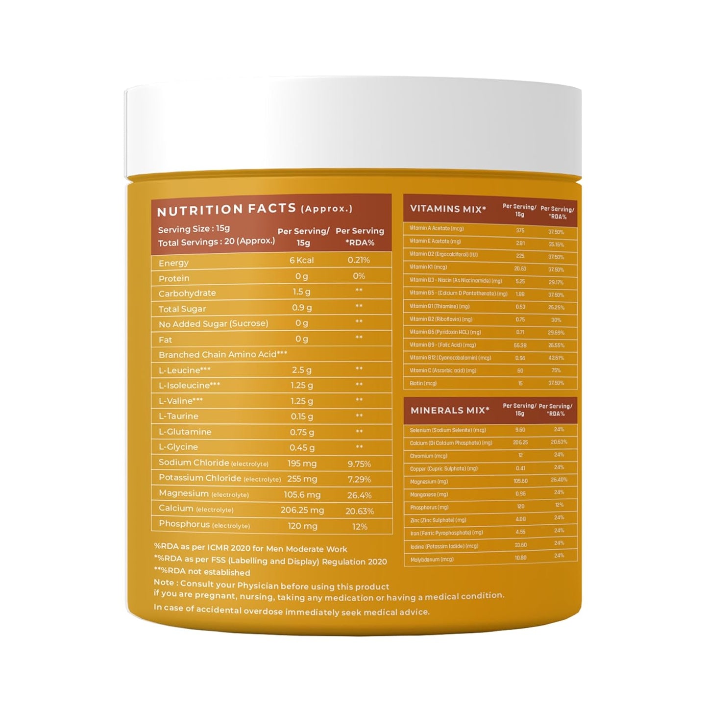 Nutrition facts label on a supplement container with a white background