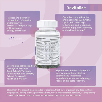 Supplement bottle with label on a purple background with text about supplement benefits