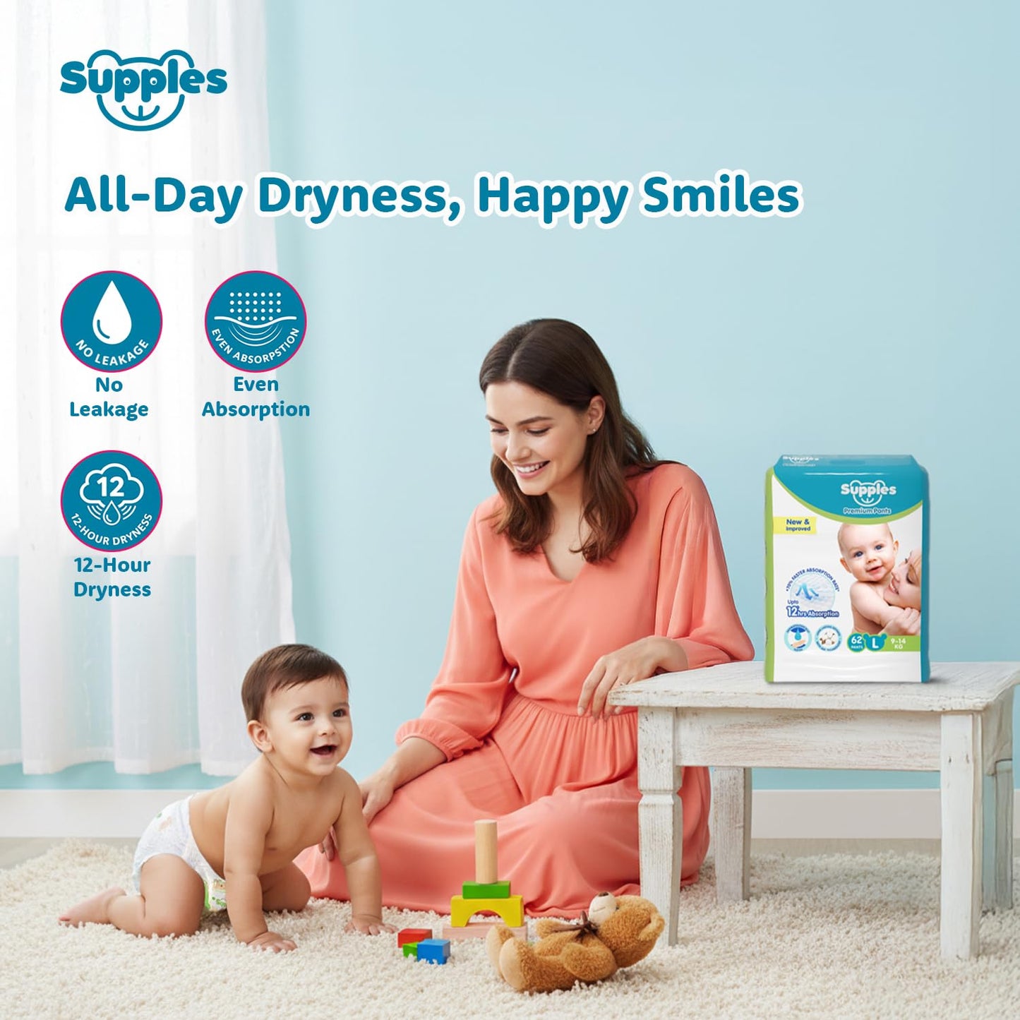 Supples Premium Baby Diaper Pants | 62 Baby Diapers | Large | 9-14 Kg | 12 Hrs Absorption | Cushiony Cotton Soft Fabric | Phthalates-Free | Triple Leak Guard