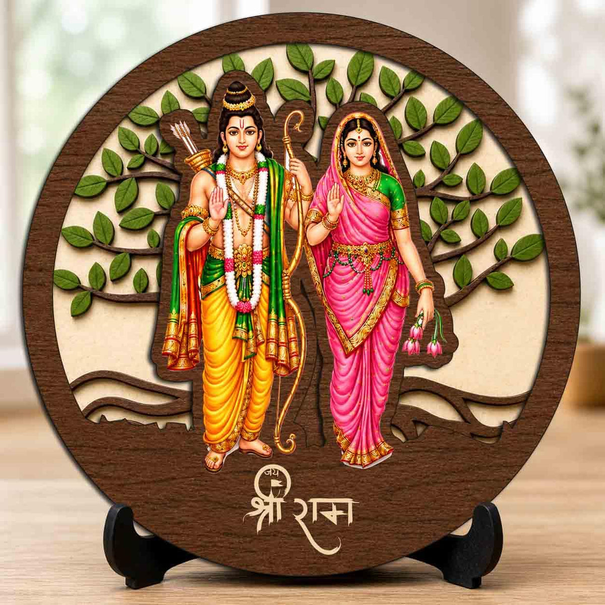 Plan To Gift Ram Sita Round Wooden Devotional Idol with Stand for Puja Room, Home Decor & Religious Gift - 5x5 Inch