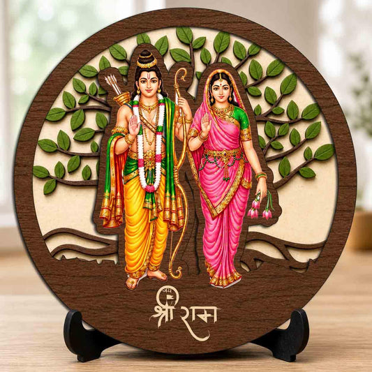 Plan To Gift Ram Sita Round Wooden Devotional Idol with Stand for Puja Room, Home Decor & Religious Gift - 5x5 Inch