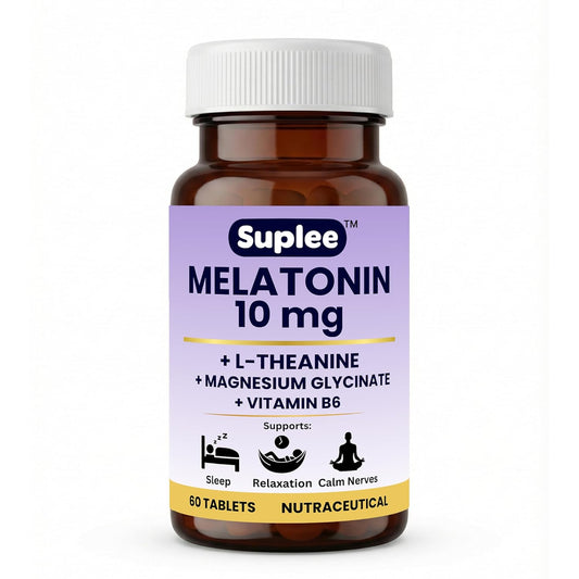 Suplee Melatonin 10mg (60 Tablets) with L-Theanine, Magnesium Glycinate & Vitamin B6 - Night Time Sleep Support Supplement - Helps with Deep Sleep & Mental Relaxation - Non-Habit Forming