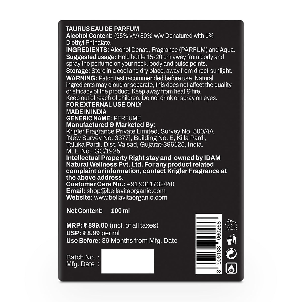 Back label of a Scorpio Eau de Parfum bottle with text and product details.