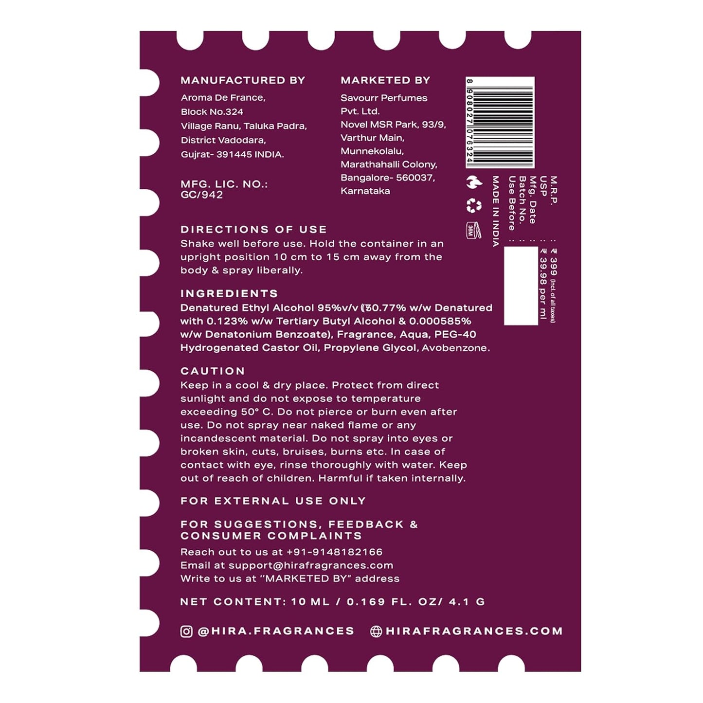 Back label of a cosmetic product with text and branding details on a white background