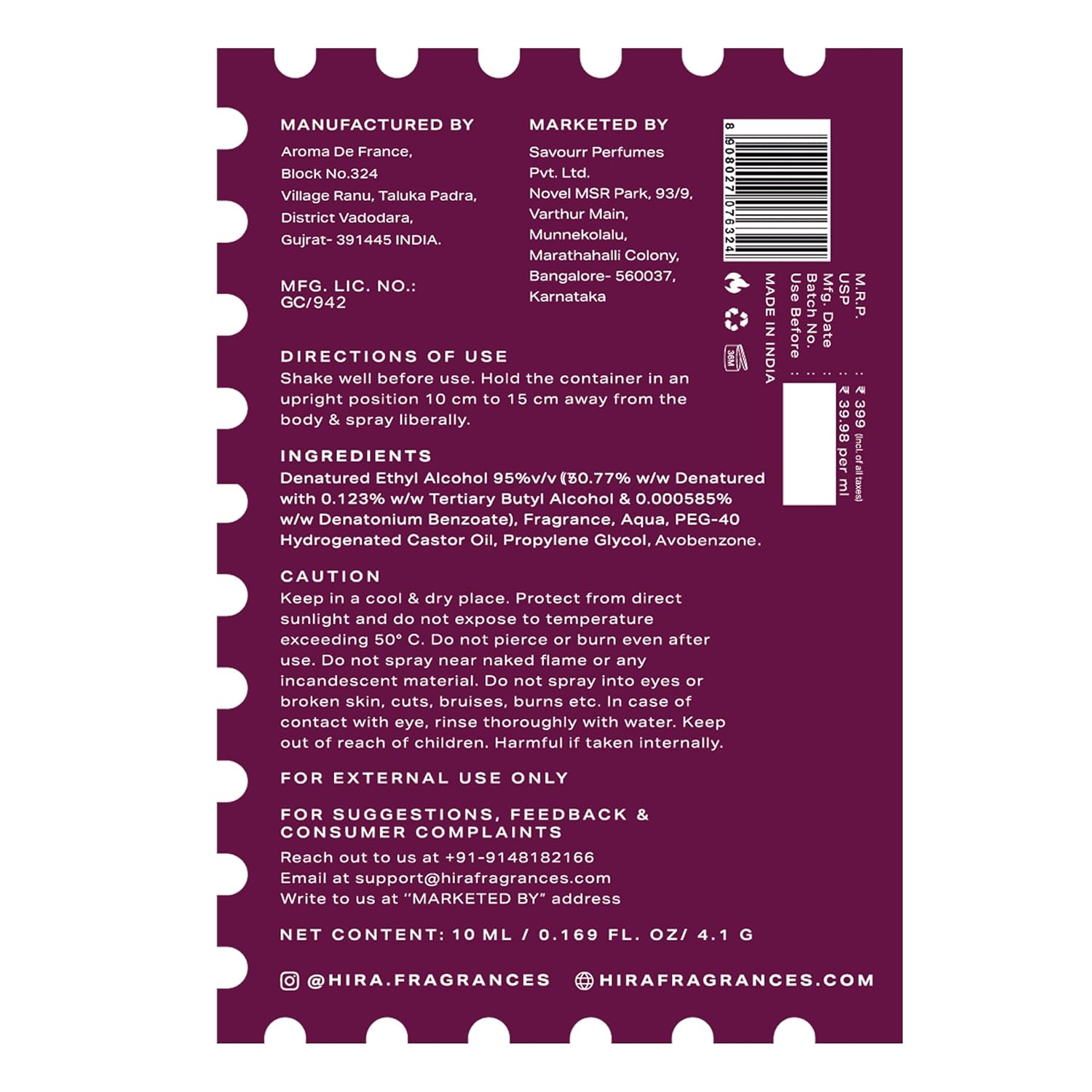 Back label of a cosmetic product with text and branding details on a white background