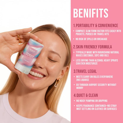 Woman holding a small container with benefits listed on a pink background