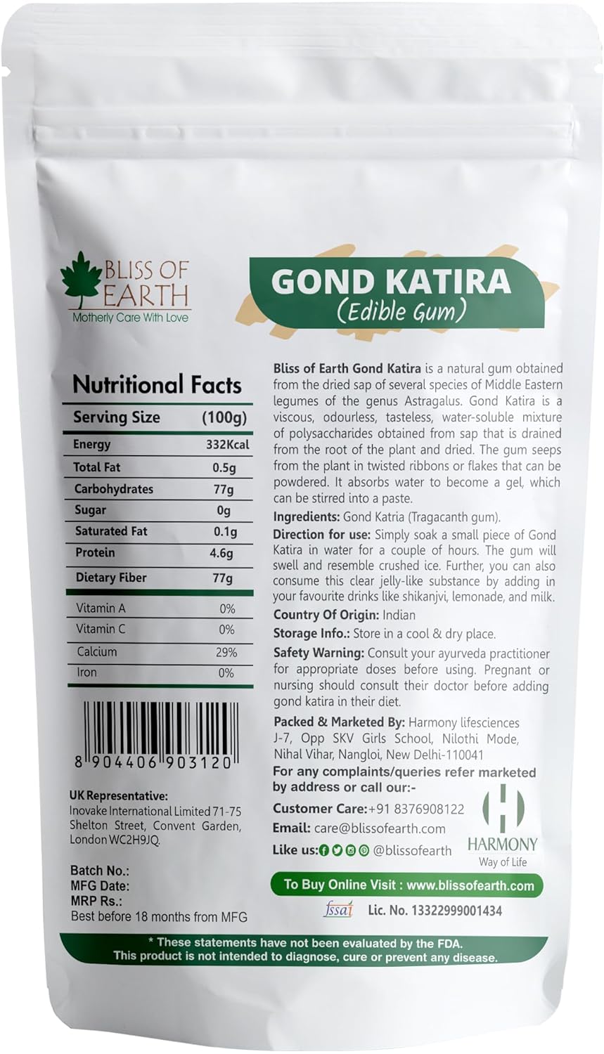 Bliss of Earth Gond Katira 100gm, Pure Organic Edible Gum Tragacanth Gum Gond for Laddu Making & Sweets