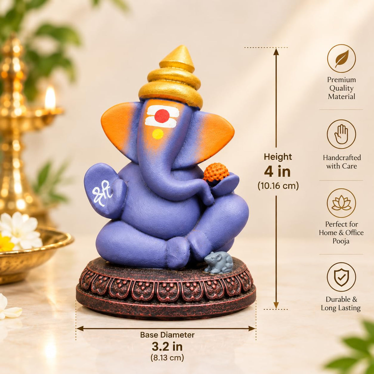 Lord Ganesha Idol with Mouse | 4 Inch Matt Finish Resin Murti | Solid Purple | for Home, Office, Car Dashboard & Gifting