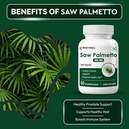Biotrex Nutraceuticals Saw Palmetto 300mg | Prostate Health & Urinary Support | Hair Growth | DHT Blocker | Advanced Natural Source Supplement With 45% Fatty Acids | 60 Veg Capsules