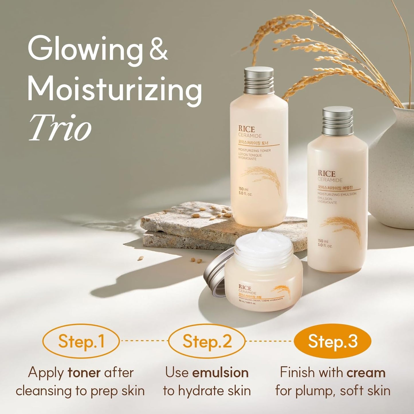 Three skincare bottles labeled 'Rice' with step-by-step instructions on a neutral background.