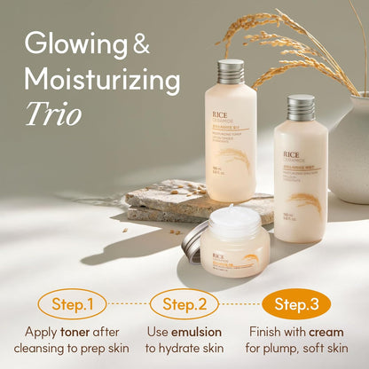 Three skincare bottles labeled 'Rice' with step-by-step instructions on a neutral background.