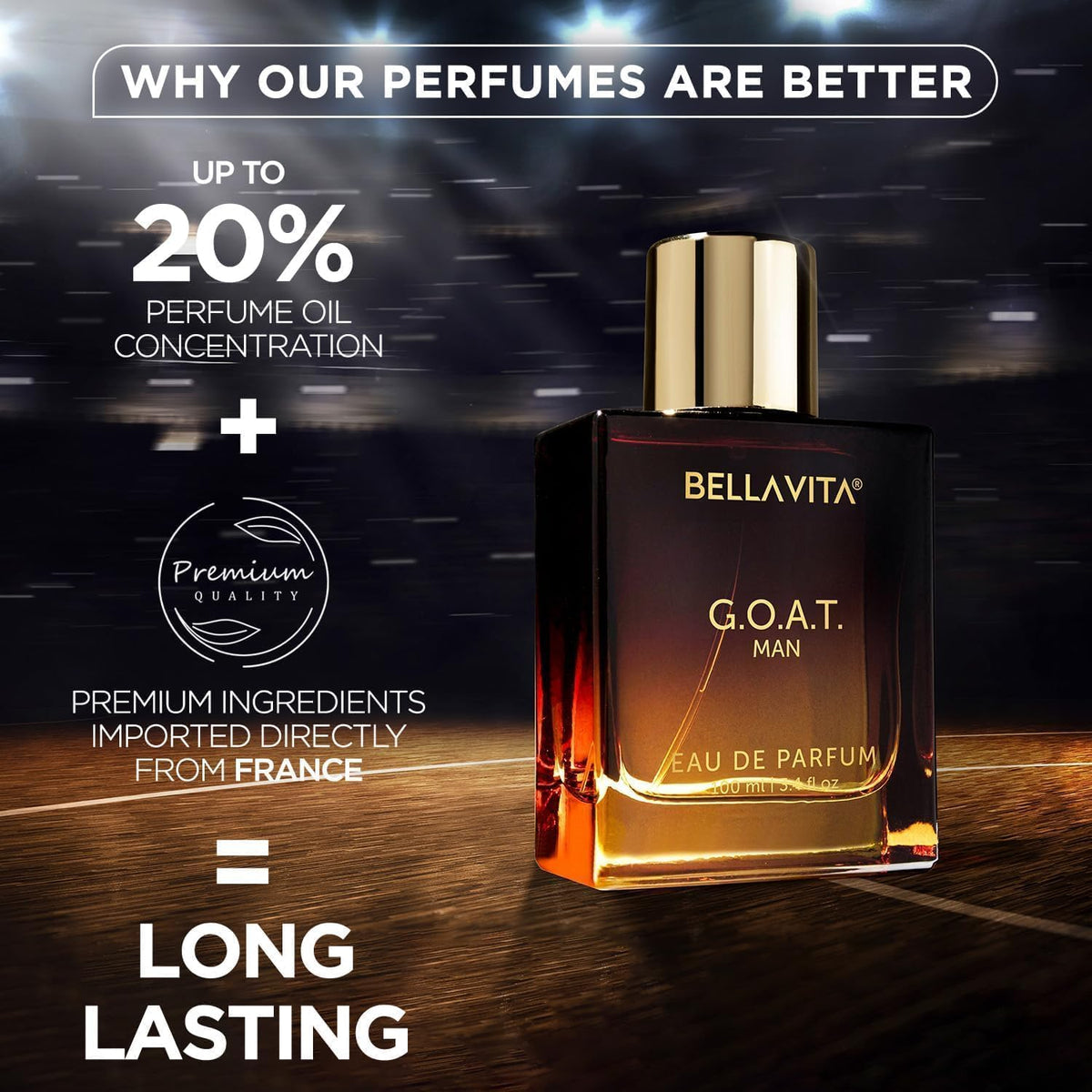 BellaVita G.O.A.T. Man Eau de Parfum bottle with promotional text on a dark background