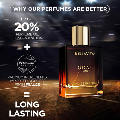 BellaVita G.O.A.T. Man Eau de Parfum bottle with promotional text on a dark background