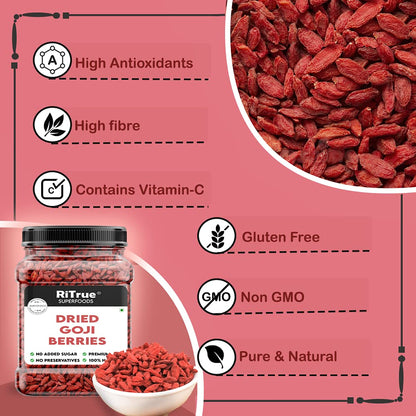 RiTrue Organic Dried Goji Berries without Sugar - 200 Gm - Unsweetened Goji Berry Dry Fruits