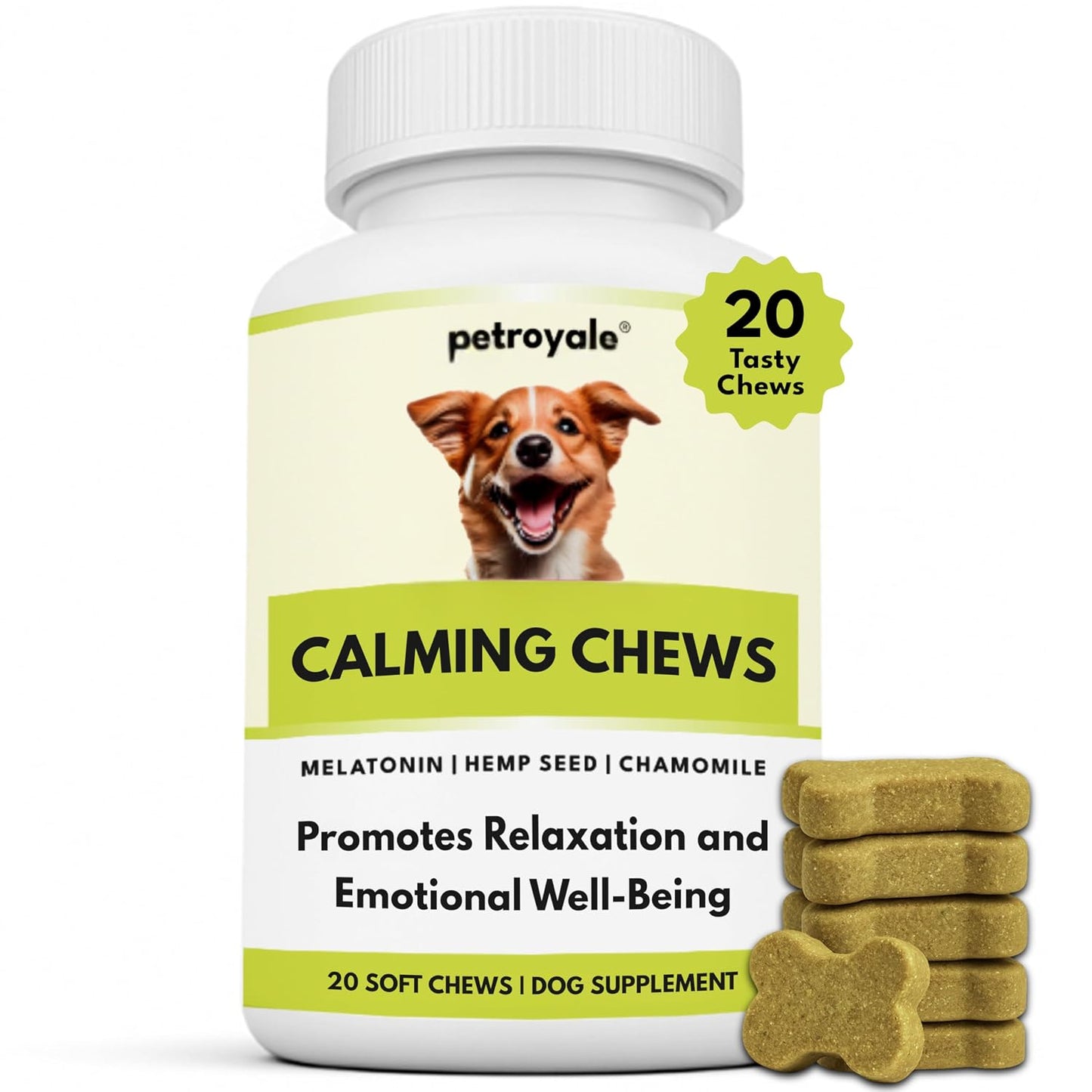 Petroyale Calming Chews for Dogs | Reduces Stress & Aggression in Dogs | Dog Behaviour Management | Non-Drowsy | Anti-Anxiety & Long-Lasting Relief | Suitable for Daily Use | 20 Soft Chews