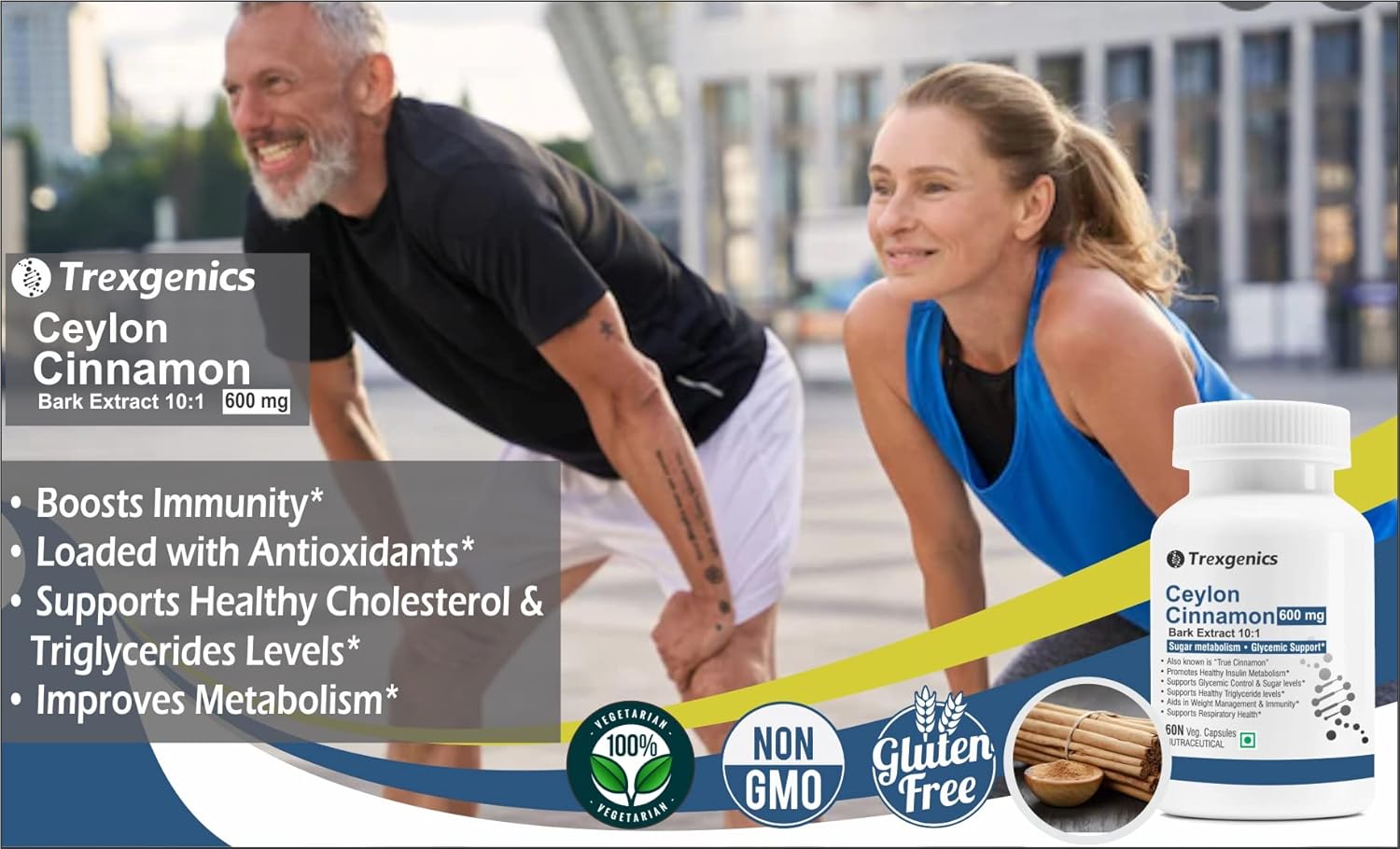 Person exercising outdoors with Trexigenics Ceylon Cinnamon supplement bottle and product details.