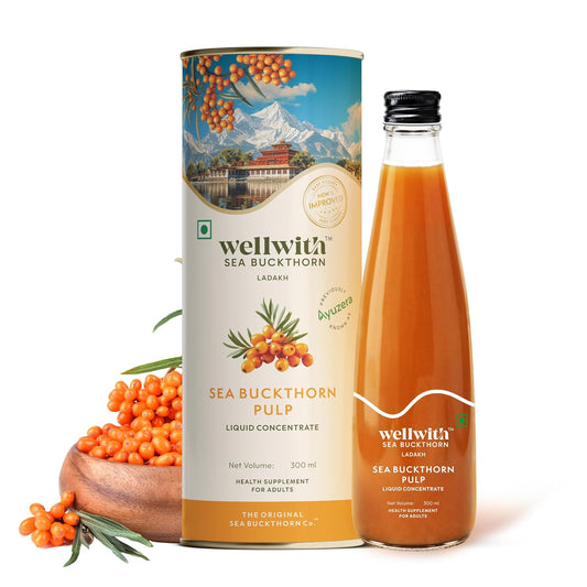 Wellwith by Ayuzera Natural Himalayan Sea Buckthorn Pulp 300ml | Cold Pressed Nutrient Rich Juice | Loaded with Vitamin C, Omega 3 6 7 9 & Antioxidants | For Skin, Immunity & Digestive Health