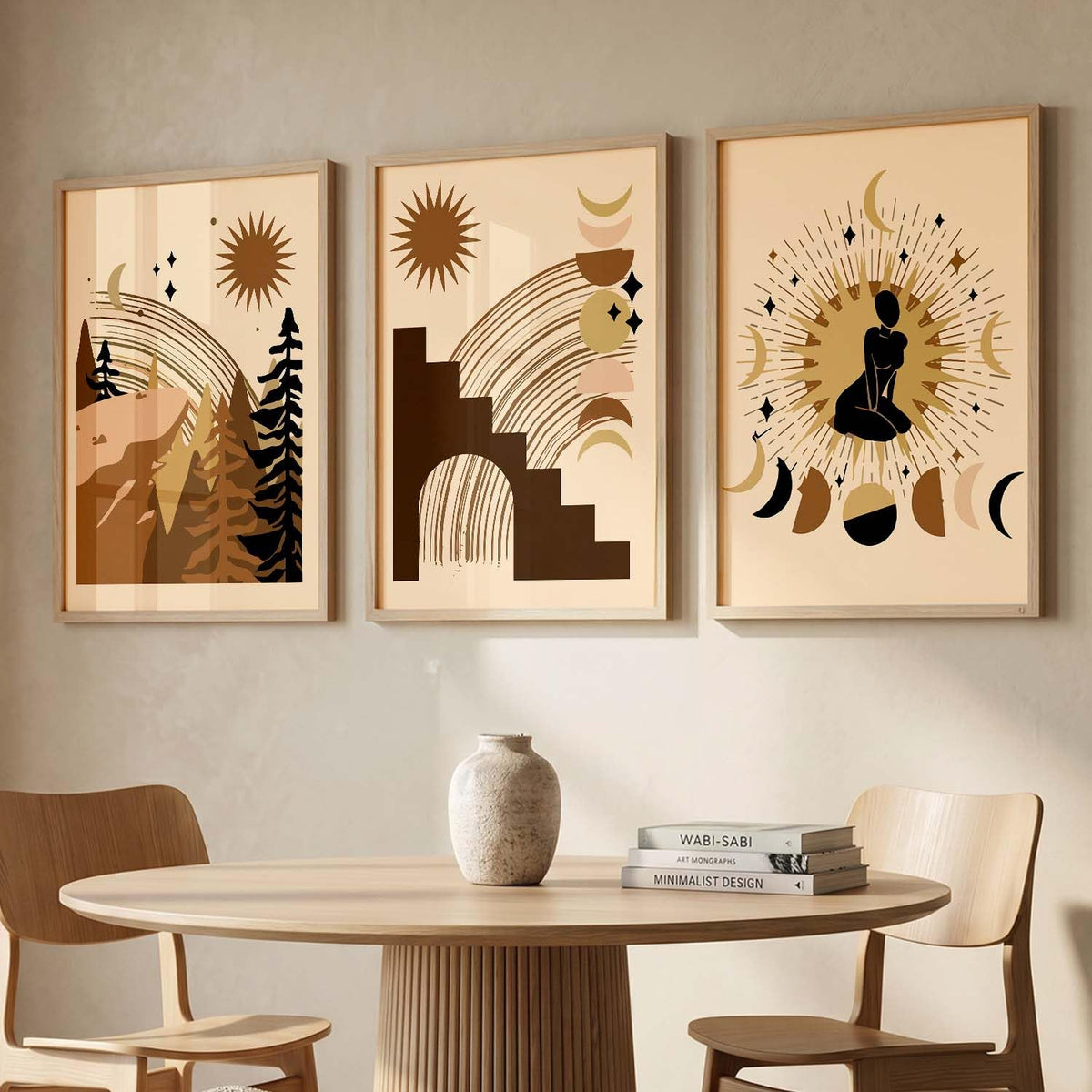 Boho Art Home Decoration Painting Paintings With Frame For Living Room Bed Room Hotel Wall Decor Digital Reprint Set of 3 (13X17 inch)