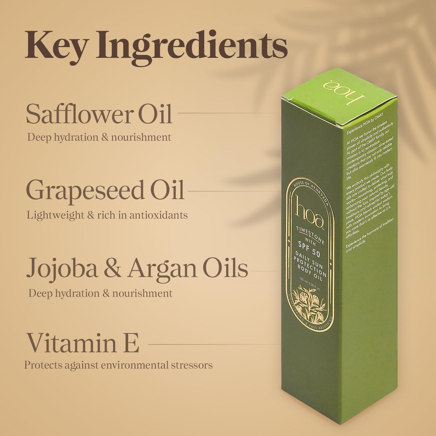 Body Oil with SPF 50 - Sun Protection Body Oil for Daily Use | House of Ayurveda Time Stone Deep Hydration UV Protection Oil | Fast-Absorbing, Non-Sticky | All Skin Types | Paraben-Free, Cruelty-Free | 100ml