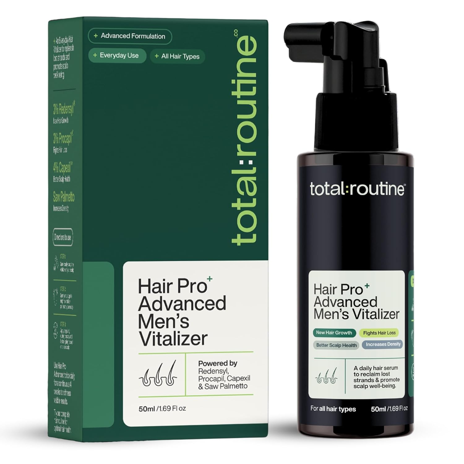 total:routine Hair Pro+ Advanced Men's Vitalizer packaging and bottle on a white background