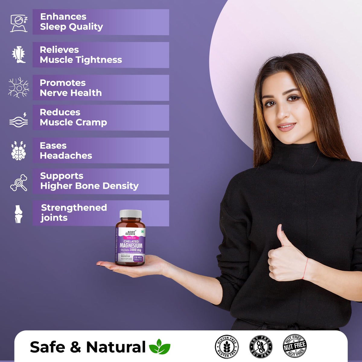 Woman holding a bottle of supplements with health benefits listed on a purple background