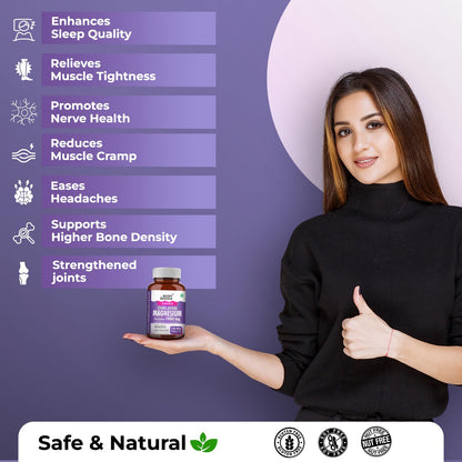 Woman holding a bottle of supplements with health benefits listed on a purple background