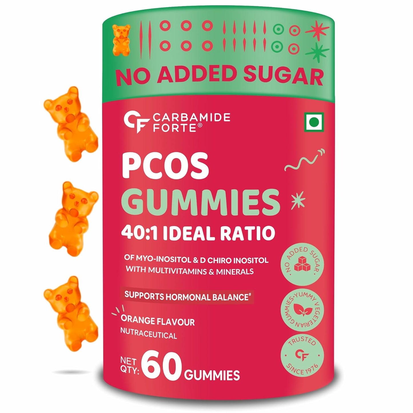 Carbamide Forte PCOS Supplements for Women with 40:1 Ratio of Myo Inositol to D Chiro Inositol | Inositol Supplement for PCOS - 60 Veg Orange Flavoured Gummies, 275 Grams