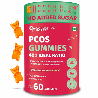 Carbamide Forte PCOS Supplements for Women with 40:1 Ratio of Myo Inositol to D Chiro Inositol | Inositol Supplement for PCOS - 60 Veg Orange Flavoured Gummies, 275 Grams