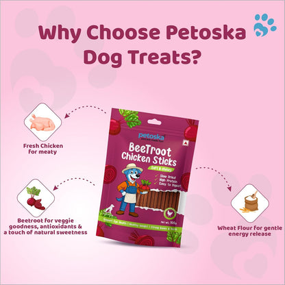 Petoska Chicken & Beetroot Dog Treats – 100 g Crunchy Natural Chew Sticks for Puppies & Adult Dogs, Nutrient-Rich Training & Reward Snack