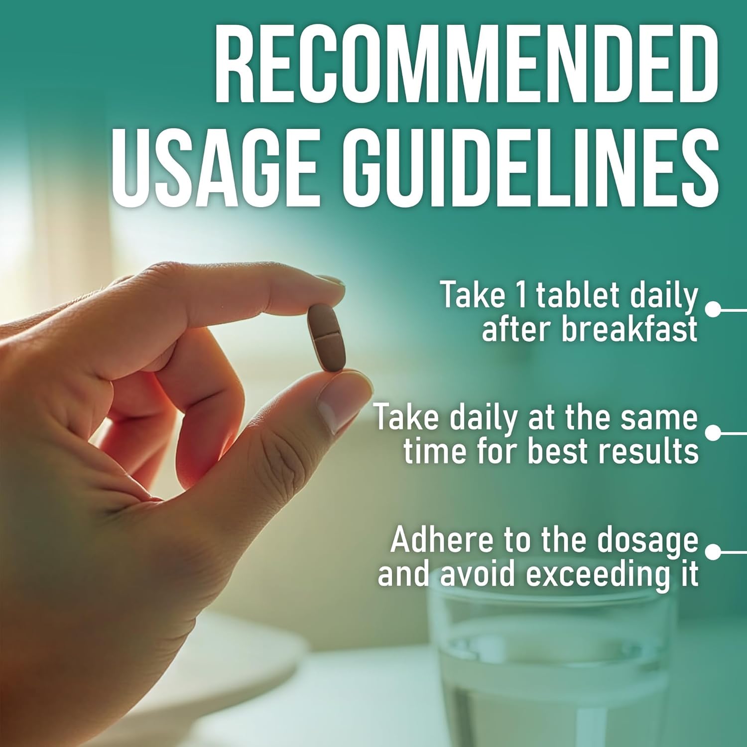Hand holding a pill with recommended usage guidelines text overlay on a blurred background