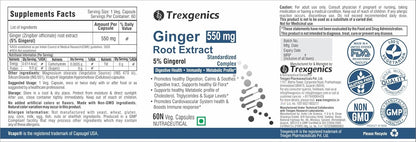 Trexegenics Ginger 550 mg Root Extract supplement label with branding and certification logos.