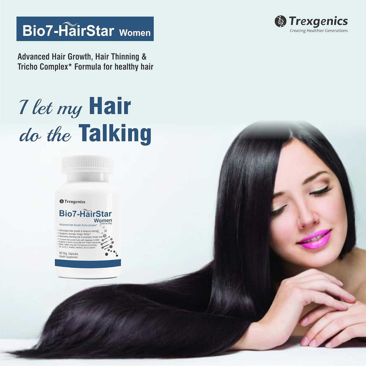 Bio7-HairStar Women hair supplement with a model and Trexgenics branding on a light blue background