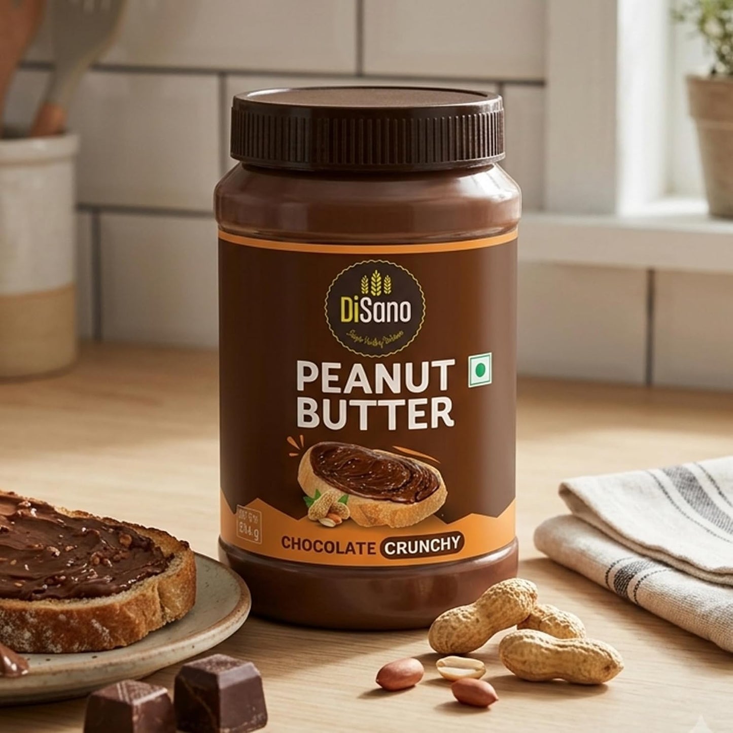 DiSano Chocolate Peanut Butter Crunchy, 23g Protein & 6.4g Dietary Fibre, Tasty & Healthy Chocolate Spread for Breakfast & Snacks, Made with Premium Roasted Peanuts