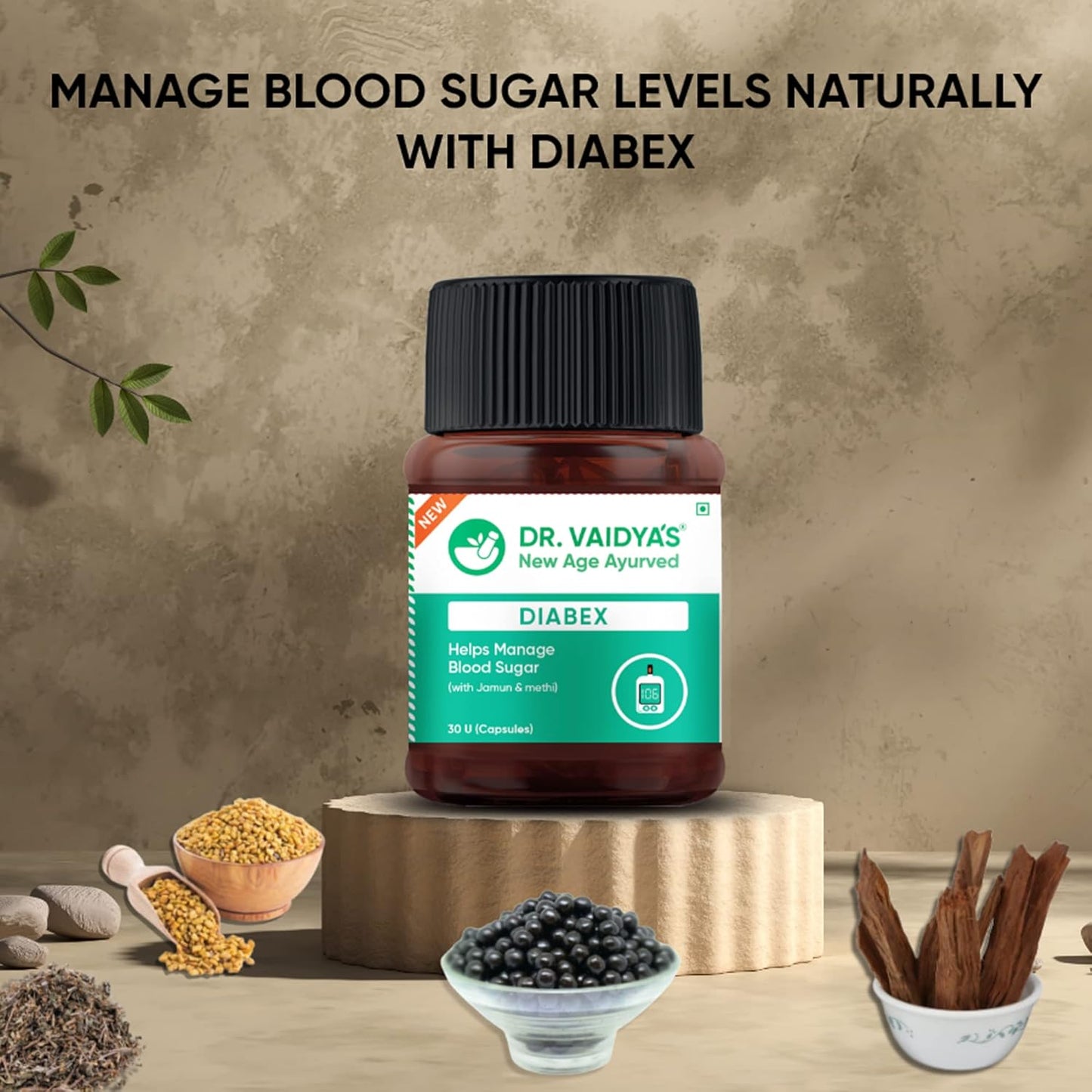 Dr. Vaidya's Diabex Capsules | Helps Regulate Blood Sugar Levels | Ayurvedic Blend With The Goodness Of Methi, Karela & Neem | (30 Capsules)