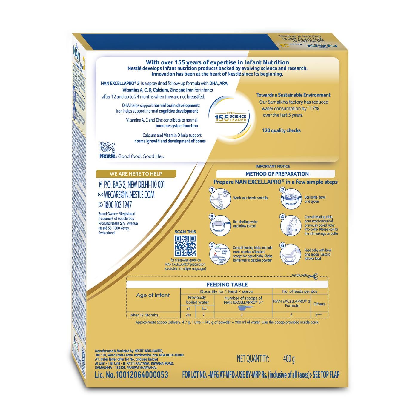 Nestlé NAN EXCELLAPRO Nan Stage 3 Follow-Up Formula Milk Powder For Babies, 12-24 months, With DHA, ARA, 400g Pouch in Box