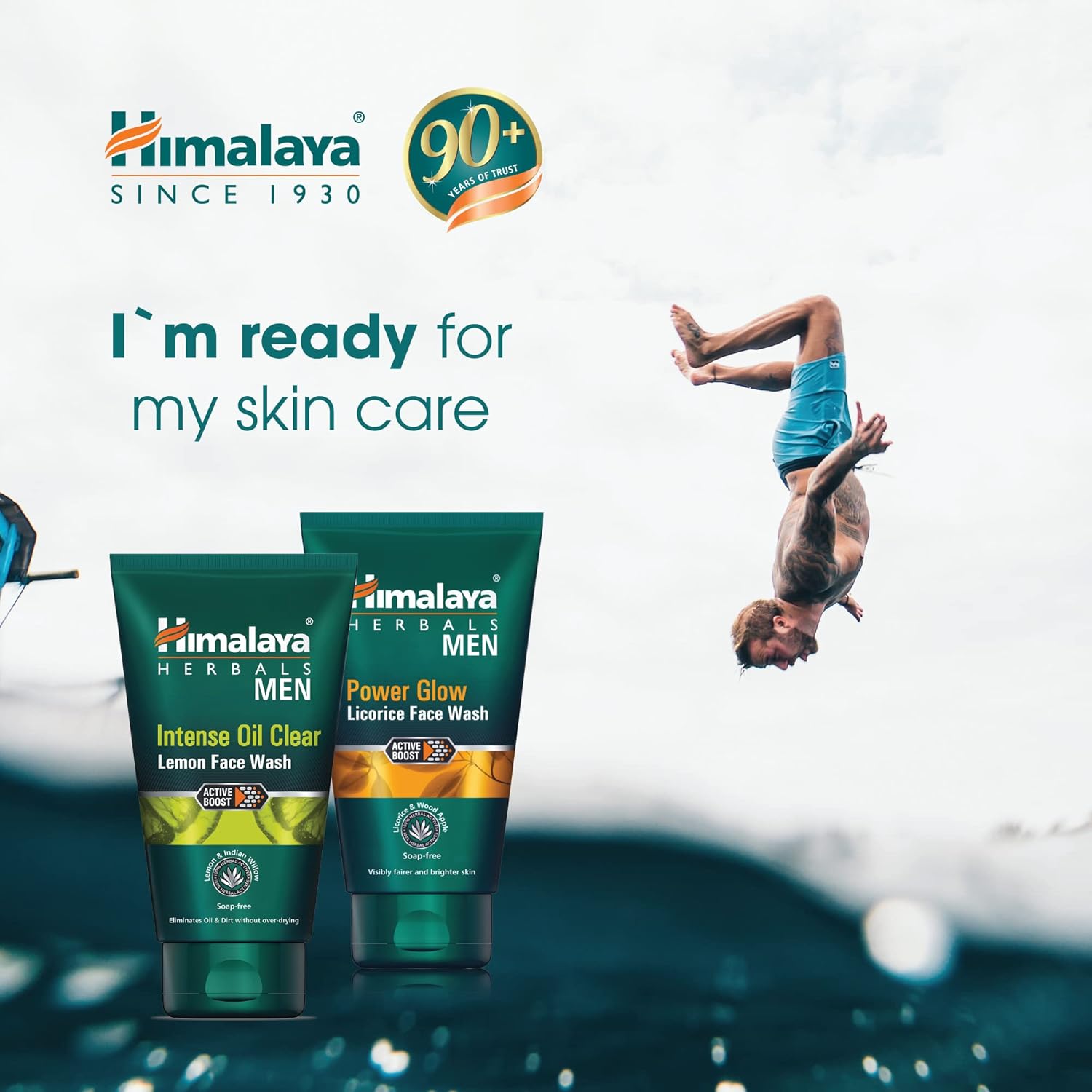 Himalaya Men's skincare products with a person diving into water.