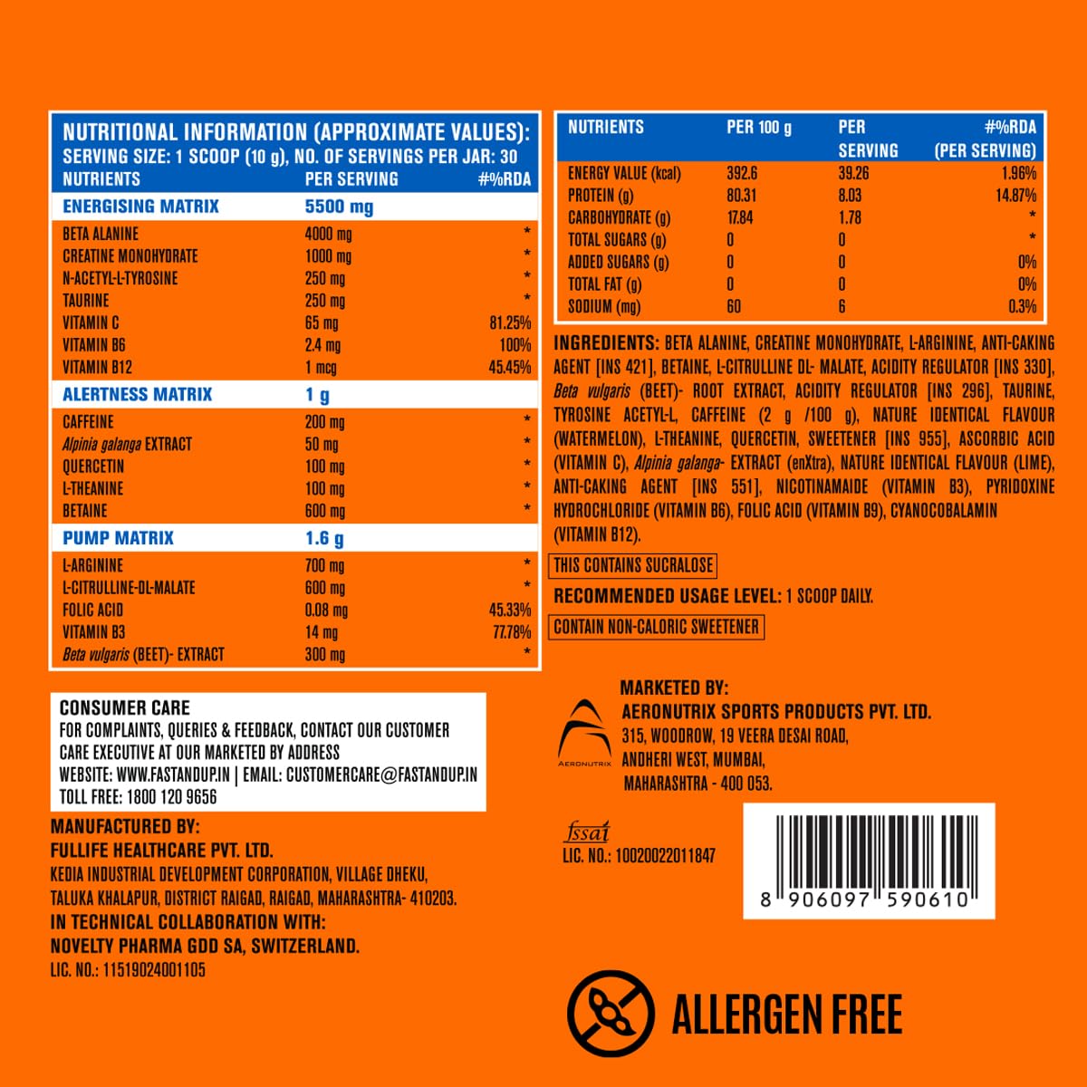 Fast&Up Pre-Workout Supplement Powder (30 Servings, Watermelon Flavour) | Pre Workout Supplement For Men & Women with B-Alanine, Creatine, Taurine For Performance & Energy Boost, 300 gm